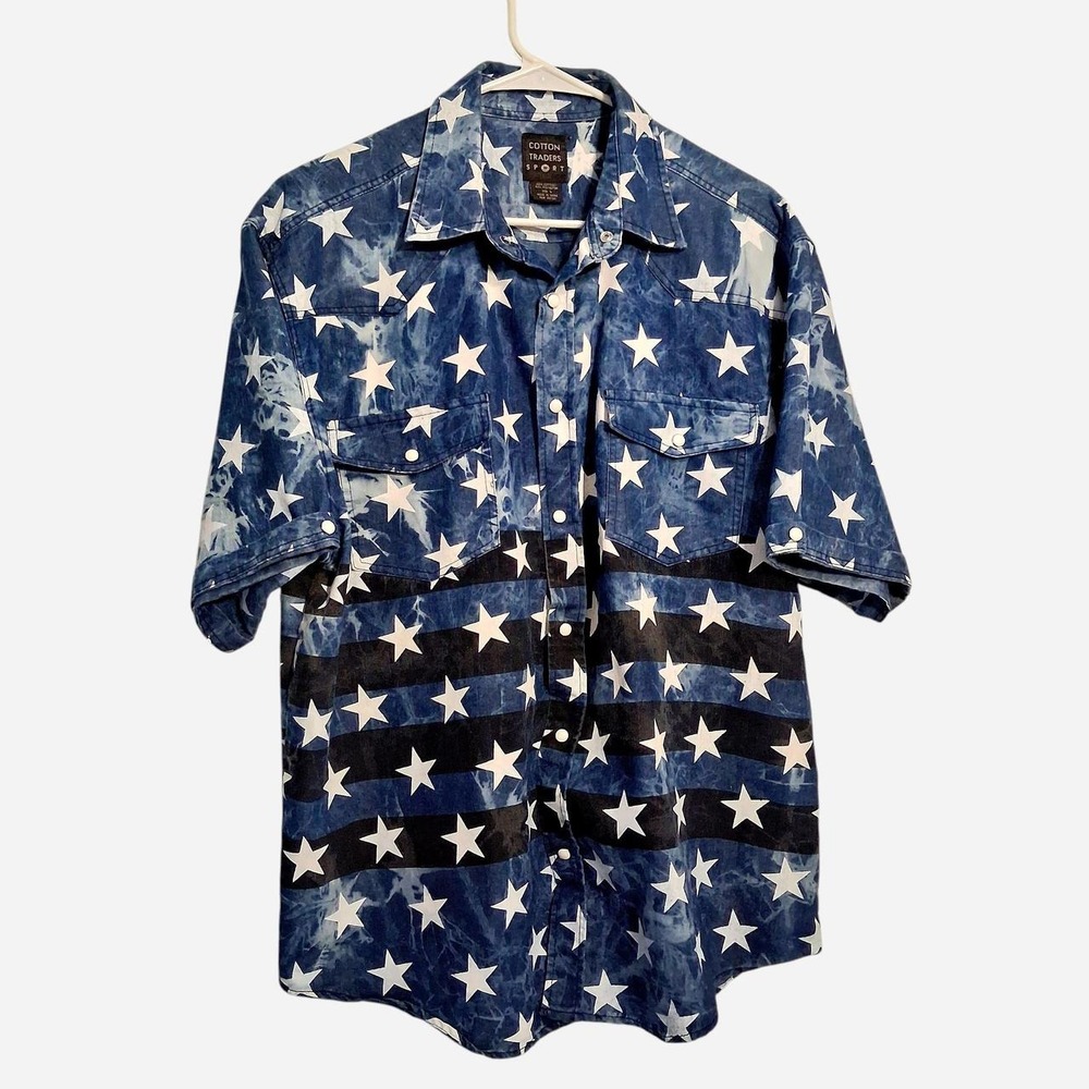 Cotton Traders Sport Mens Large Patriotic Star Acid Wash Western Button Up Shirt